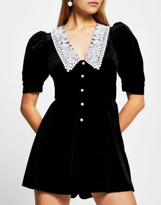 River Island lace collared velvet playsuit in black