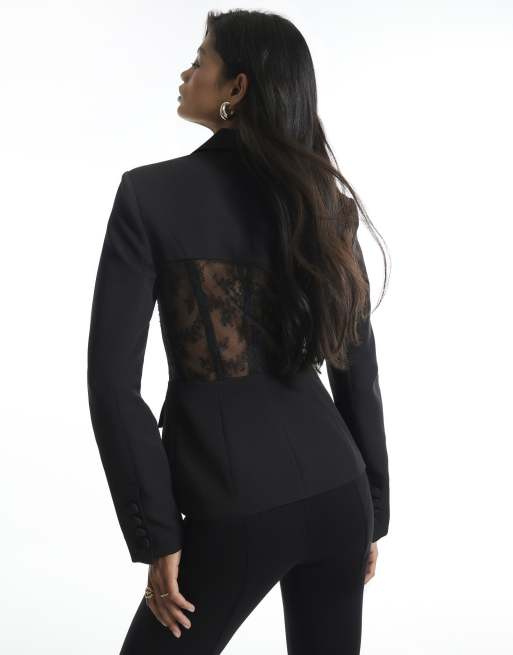 River Island Lace corset detail blazer in black, 4 of 4