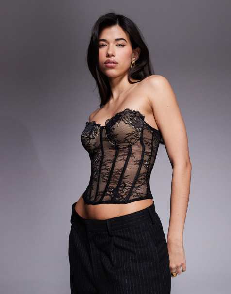 River Island lace corset seam detail top in black