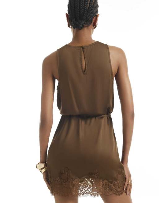 River Island Lace cutwork hem mini dress in khaki, 4 of 4
