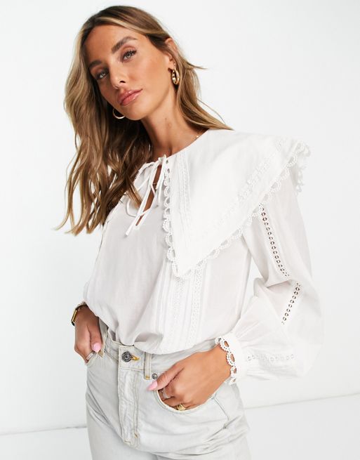 River Island lace detail collared blouse in white | ASOS