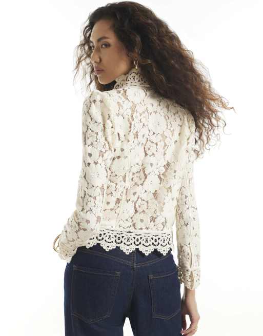 River Island Lace detail drummer jacket in cream, 4 of 4