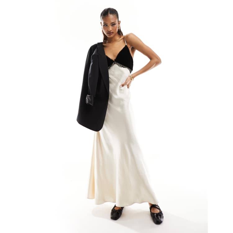 River Island lace detail satin slip dress in cream | ASOS