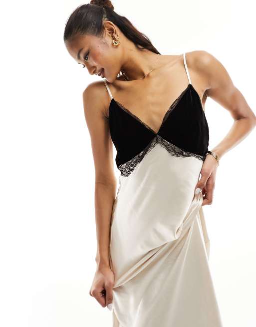 River Island lace detail satin slip dress in cream | ASOS