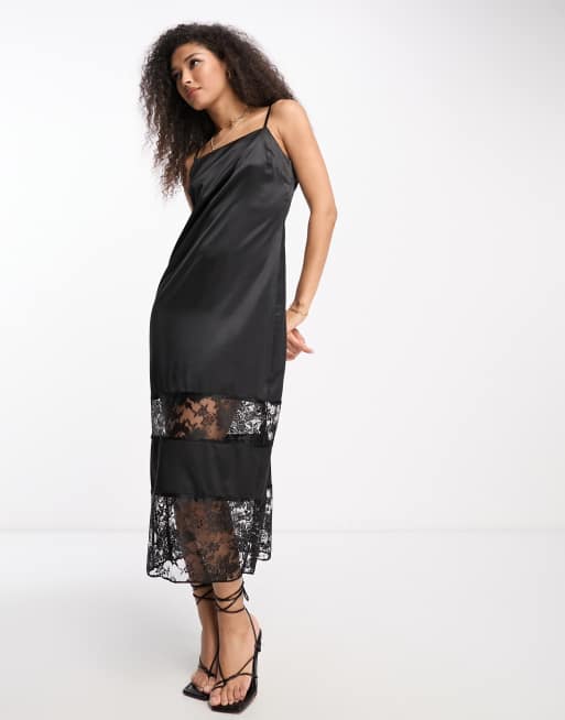 Vila satin midi cami dress in black