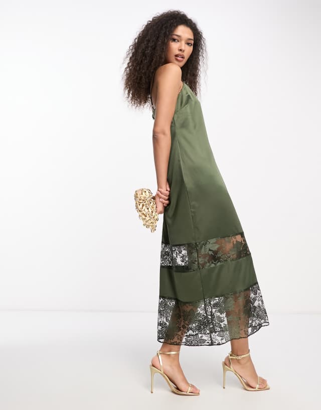 River Island lace detail slip dress in khaki