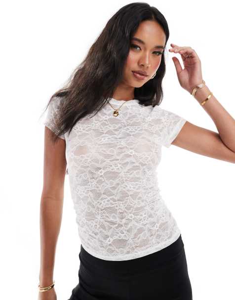 River Island lace detail top in cream - view 1
