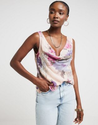 River Island Lace detailed cowl neck top in pink - light | ASOS