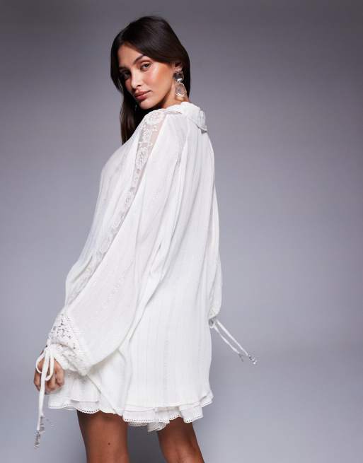 River Island lace embellished beach shirt co-ord in cream, 3 of 4
