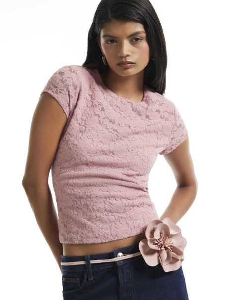 River Island Lace fitted t-shirt in pink - view 1