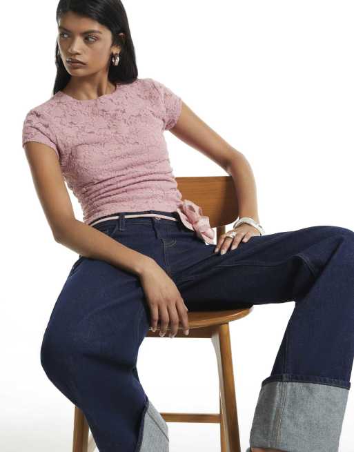 River Island Lace fitted t-shirt in pink, 2 of 4