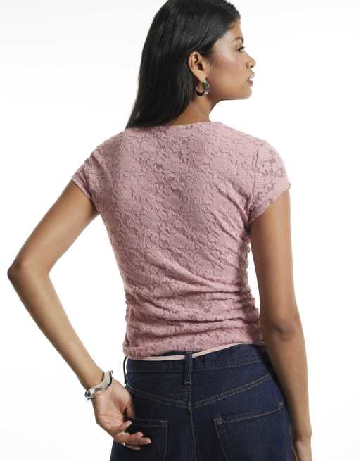 River Island Lace fitted t-shirt in pink, 4 of 4