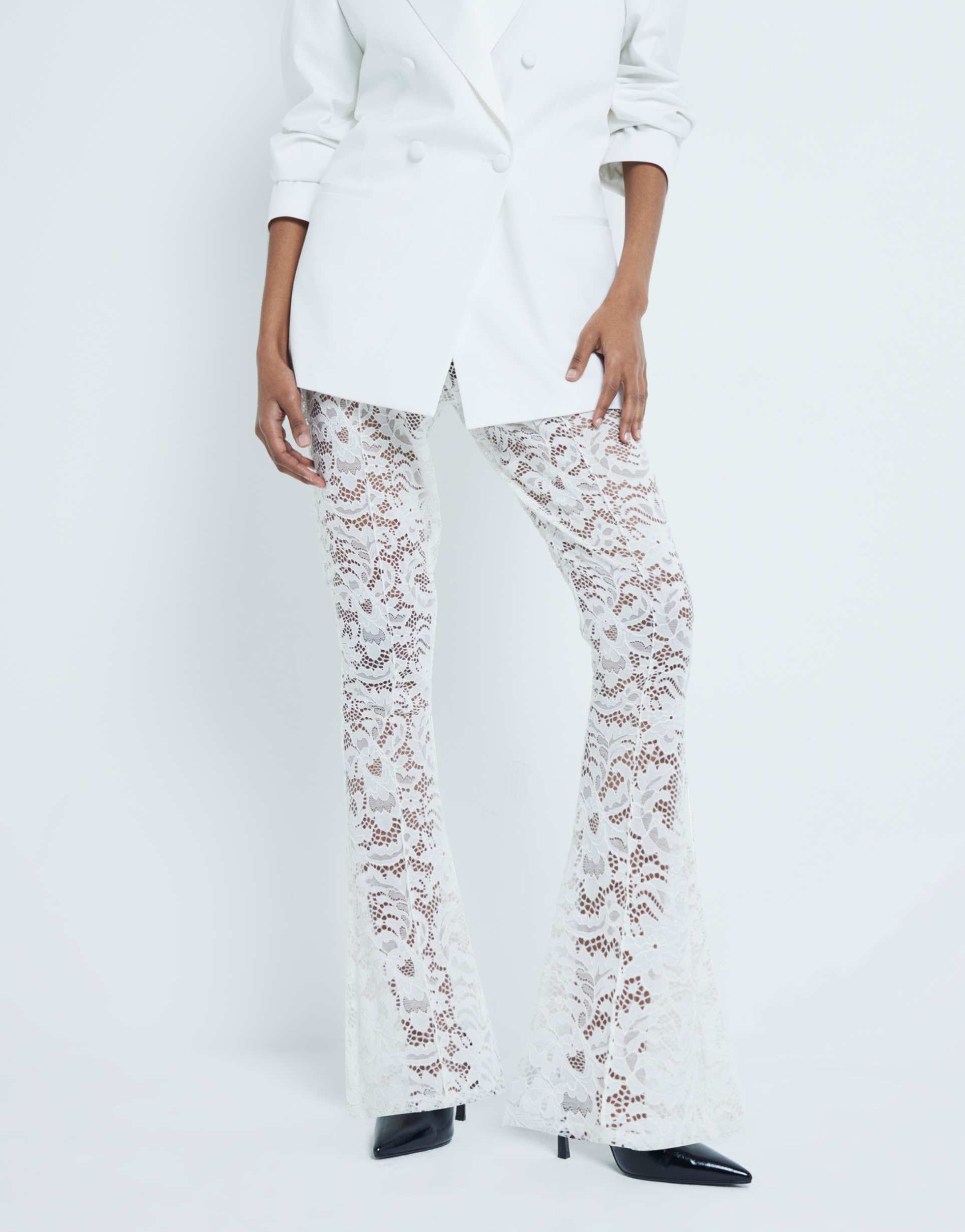 river island lace flare pants in cream