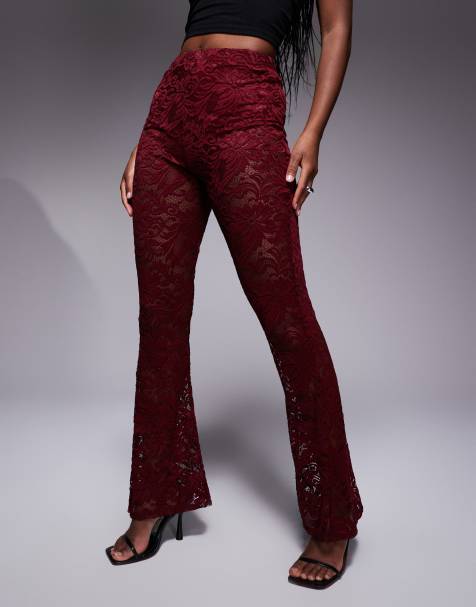 River Island lace flare trousers in burgundy - view 1