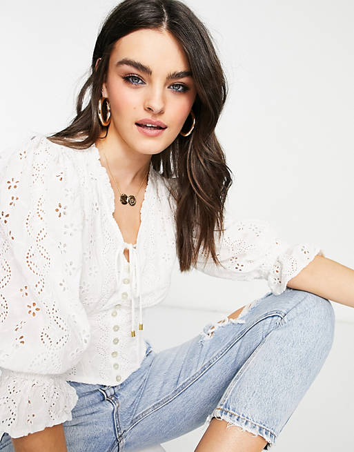 River Island lace front broderie blouse in cream