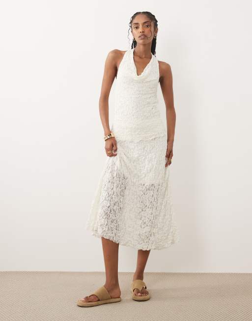 River Island lace halterneck top co-ord in cream, 3 of 4