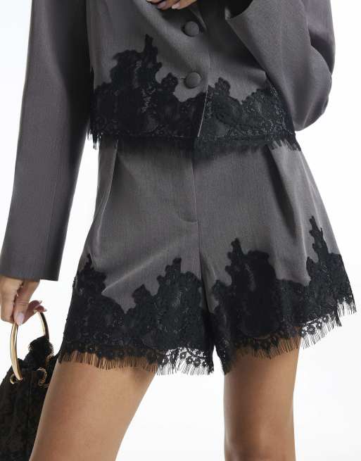 River Island Lace hem shorts in grey, 3 of 4