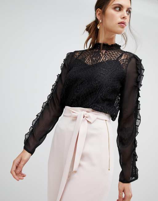 Black lace high outlet neck blouse