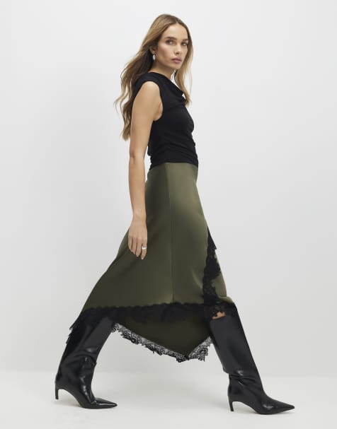 River Island Lace hybrid drape midi dress in khaki - view 1