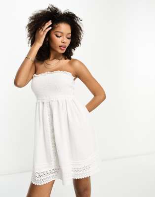 River Island Lace Insert Bandeau Mini Beach Dress In White