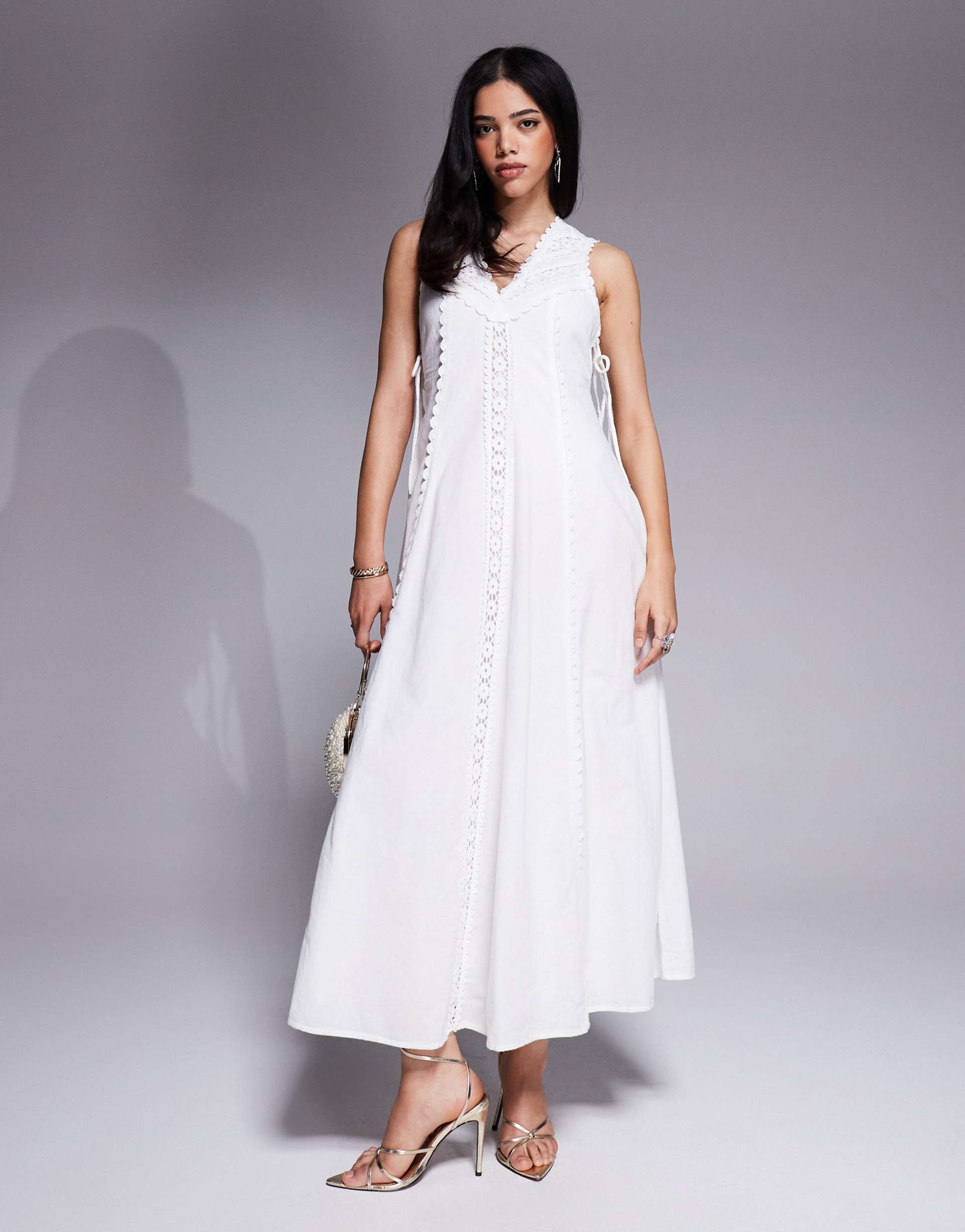 river island lace insert midi dress in white