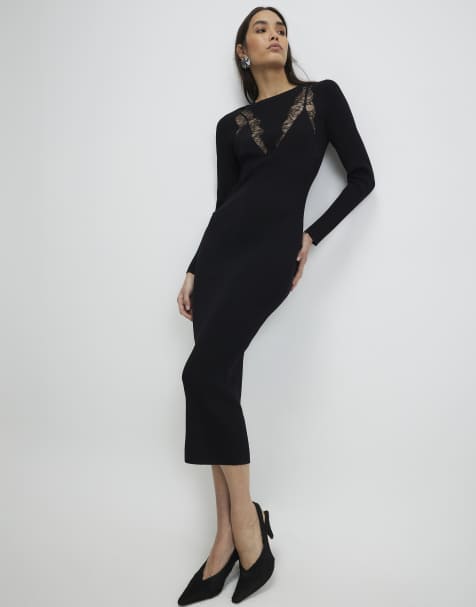 River Island Lace insert rib dress in black - view 1