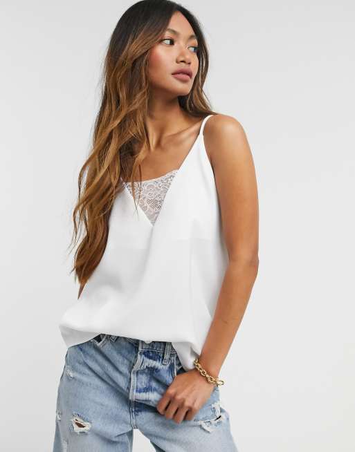 White Lace Cami Sleeveless V-Neck Relaxed Fit Satin