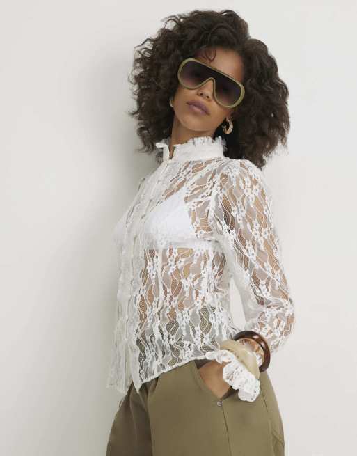 River Island Lace long sleeve ruffle shirt in white, 2 of 4