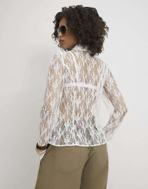 River Island Lace long sleeve ruffle shirt in white, 4 of 4