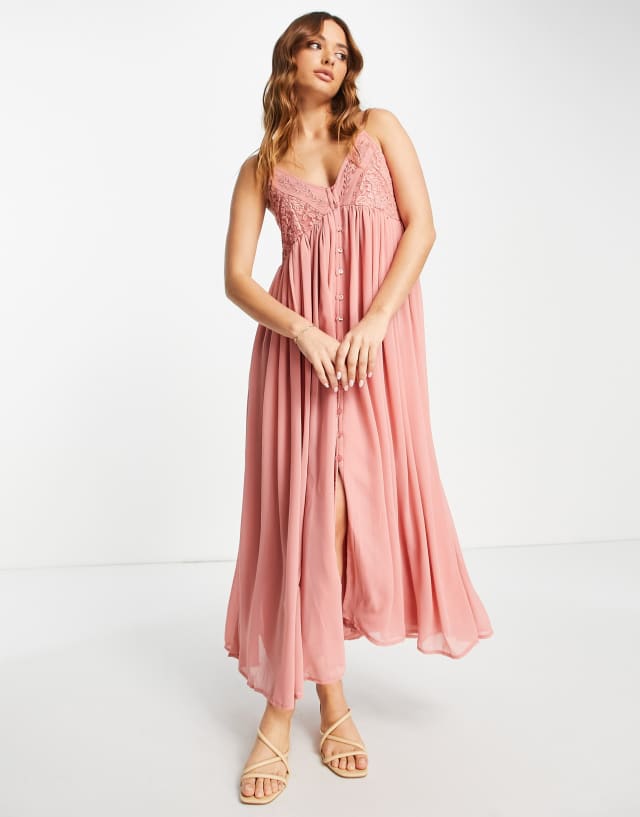 River Island lace midi slip dress in pink