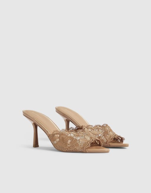 River Island Lace peep top mule sandals in beige, 2 of 4