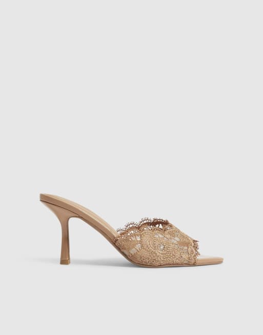 River Island Lace peep top mule sandals in beige, 3 of 4