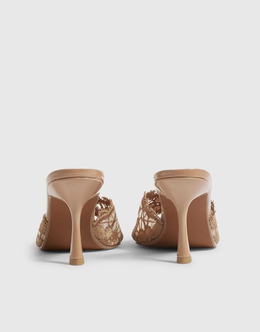 River Island Lace peep top mule sandals in beige, 4 of 4