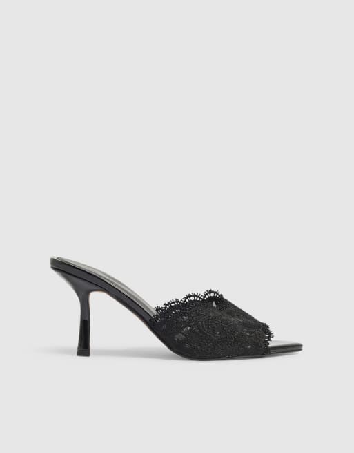 River Island Lace peep top mule sandals in black, 3 of 4