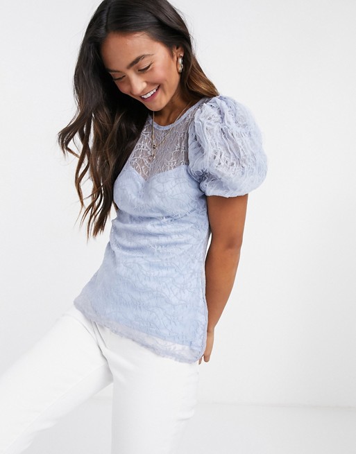 River Island lace puff sleeve top in blue