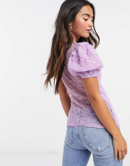 River Island lace puff sleeve top in purple ASOS