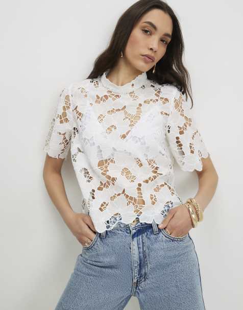 River Island Lace short sleeve blouse in white - view 1
