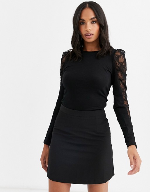 River Island lace sleeve detail top in black