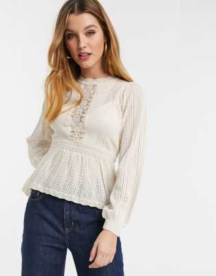 River Island lace stitch peplum blouse in cream