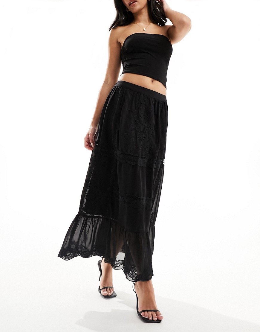 River Island lace tiered maxi skirt in black