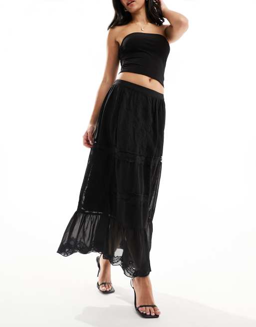 River Island Lace Tiered Maxi Skirt In Black Asos