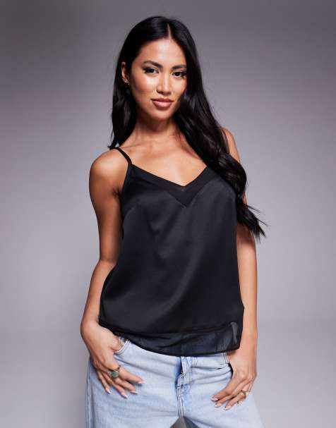 River Island lace trim cami top in black