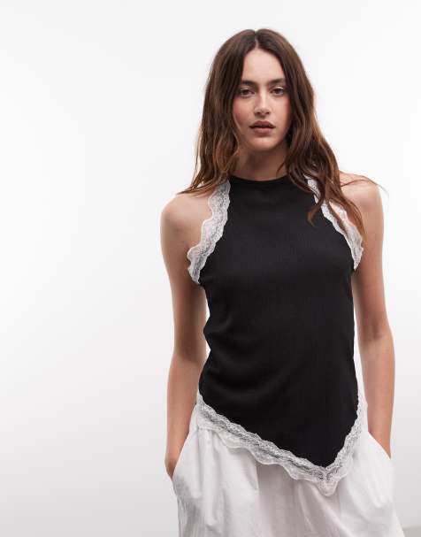 River Island lace trim halterneck textured top in black - view 1