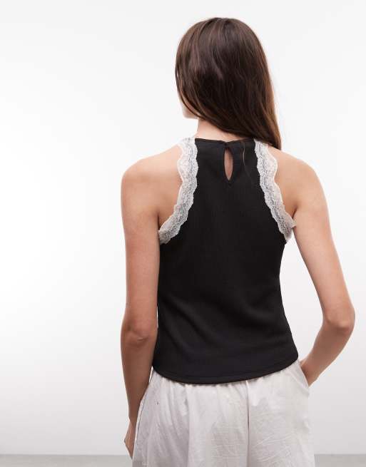 River Island lace trim halterneck textured top in black, 4 of 4