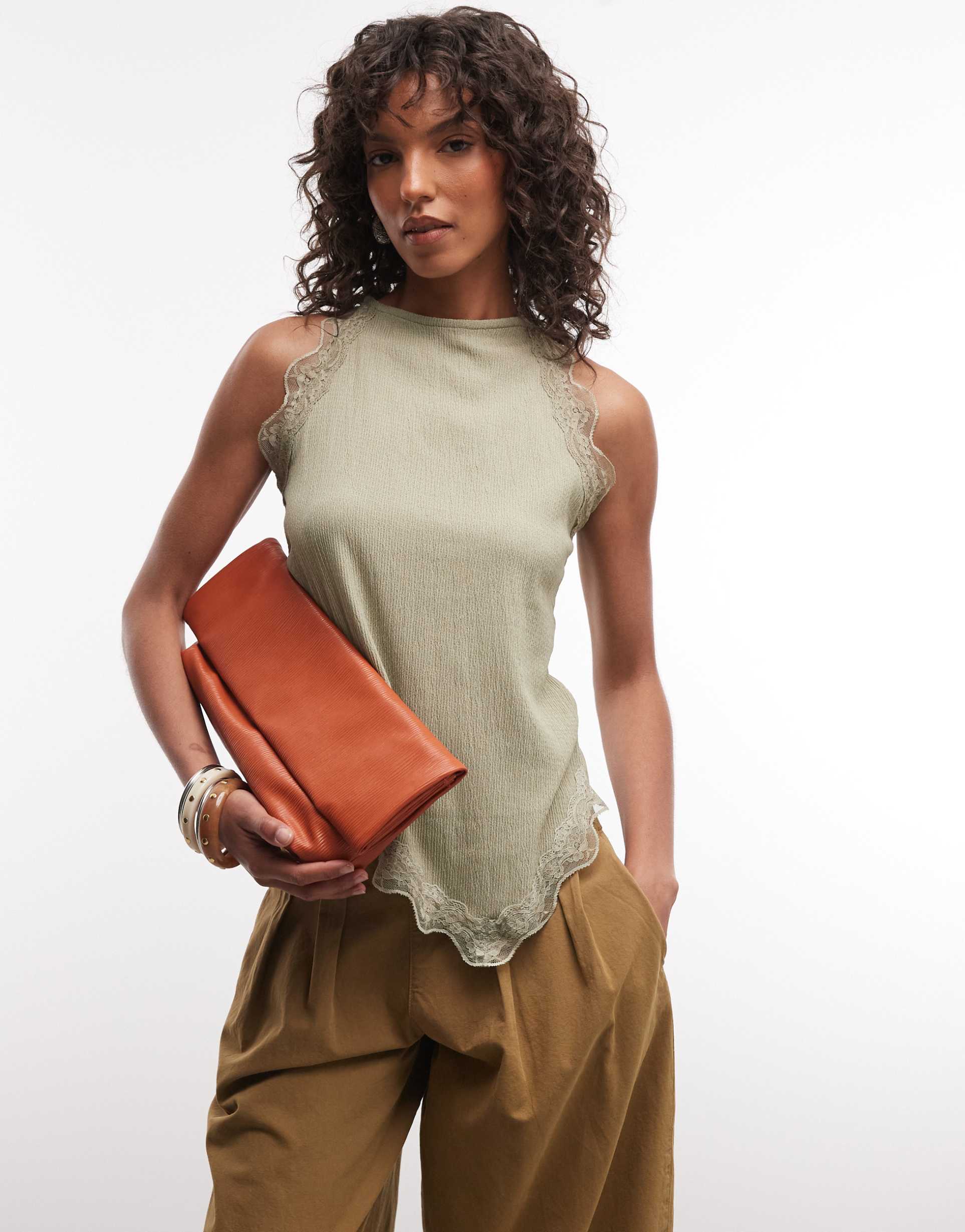 river island lace trim halterneck textured top in green