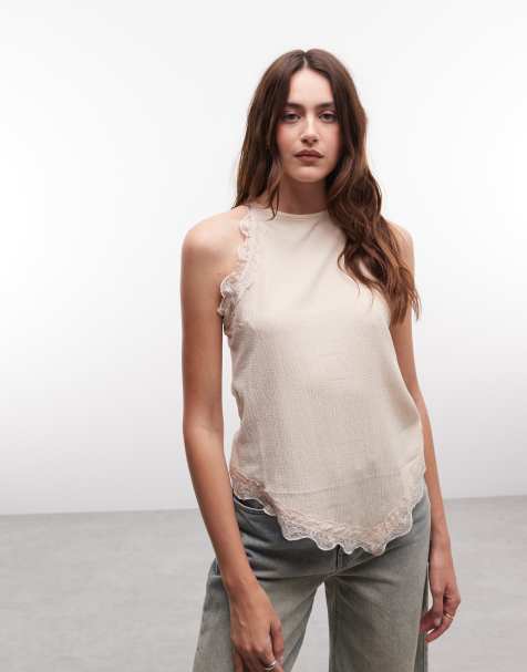 River Island lace trim halterneck textured top in stone