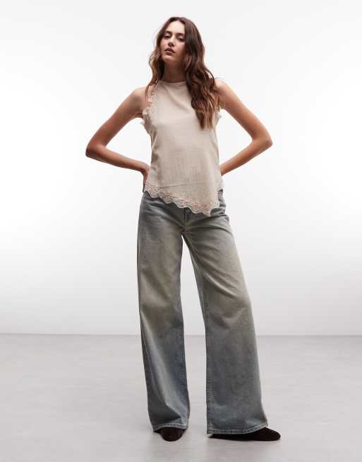 River Island lace trim halterneck textured top in stone, 3 of 4
