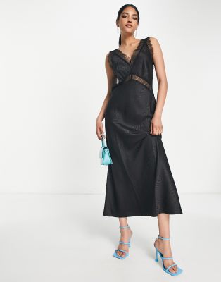 River Island Lace Trim Midi Slip Dress In Black | ModeSens