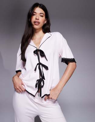 River Island Lace Trim Pajama Set In Pink