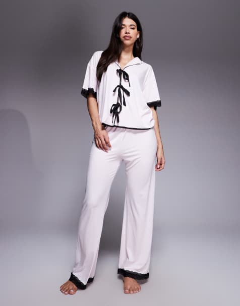 River Island lace trim pyjama set in light pink - view 1
